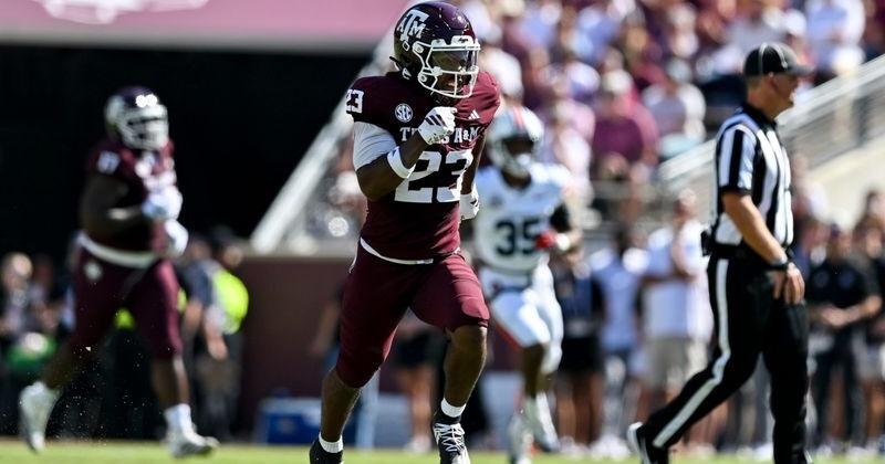 Sep 27, 2025; College Station, Texas, USA; Texas A&M Aggies running back Jamarion Morrow (23) runs a route against the Auburn Tigers during the first half at Kyle Field. Mandatory Credit: Maria Lysaker-Imagn Images | State