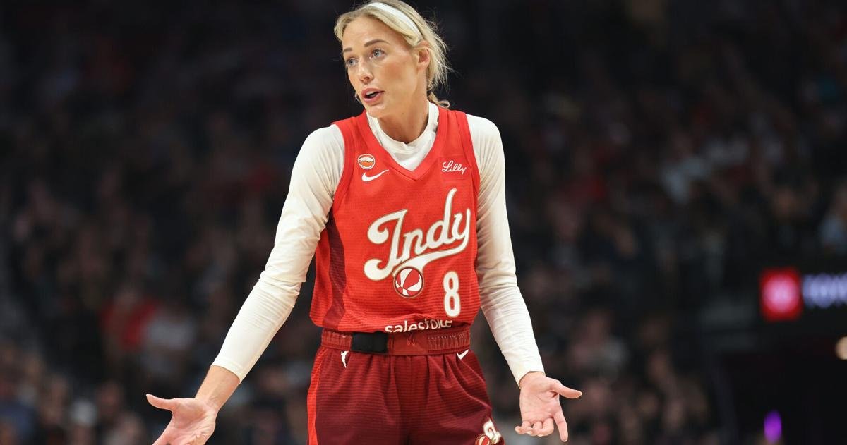 Jul 31, 2026; Portland, Oregon, USA; Indiana Fever guard Sophie Cunningham (8) reacts to game play against the Portland Fire during the first half at Moda Center. Mandatory Credit: Jaime Valdez-Imagn Images