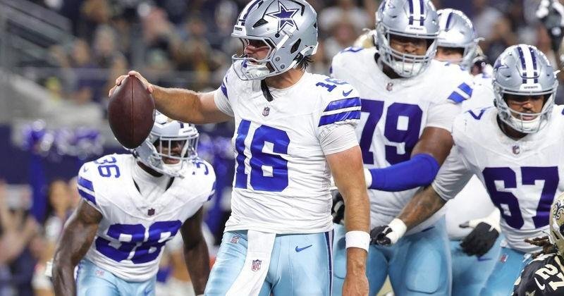 Aug 28, 2026; Arlington, Texas, USA; Dallas Cowboys quarterback Sam Howell (16) celebrates after scoring a two-point conversion against the New Orleans Saints during the fourth quarter at AT&T Stadium. Mandatory Credit: Kevin Jairaj-Imagn Images | State