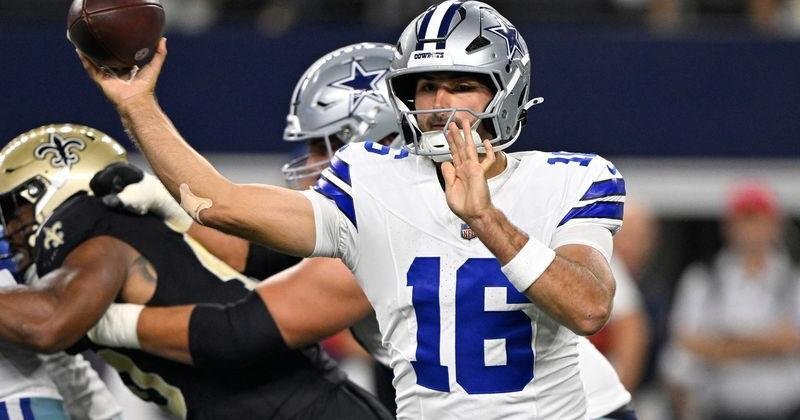 Aug 28, 2026; Arlington, Texas, USA; Dallas Cowboys quarterback Sam Howell (16) throws against the New Orleans Saints during the third quarter at AT&T Stadium. Mandatory Credit: Jerome Miron-Imagn Images | State