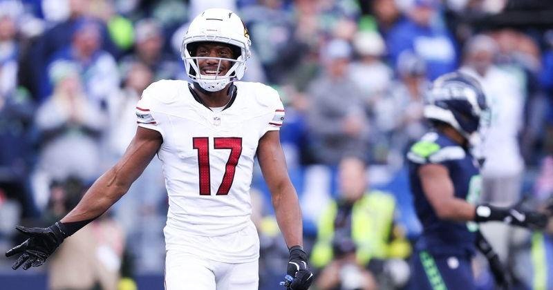 Nov 9, 2025; Seattle, Washington, USA; Arizona Cardinals wide receiver Zay Jones (17) reacts during the second quarter against the Seattle Seahawks at Lumen Field. Mandatory Credit: Kevin Ng-Imagn Images | State