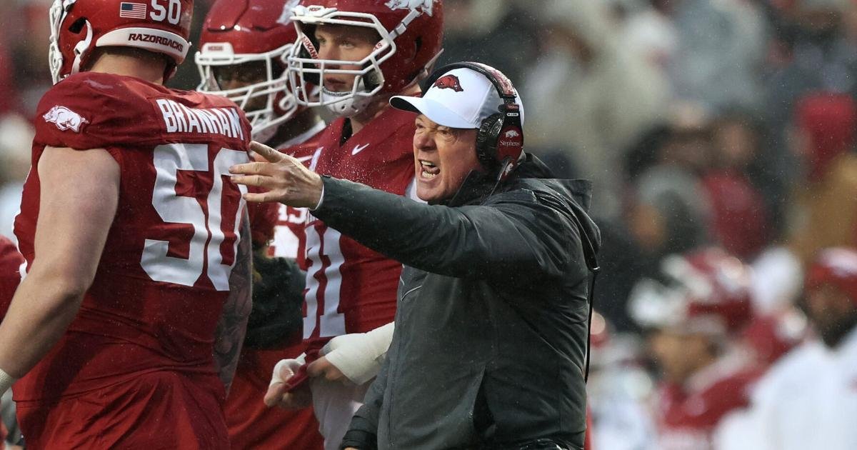 Nov 29, 2025; Fayetteville, Arkansas, USA; Arkansas Razorbacks interim head coach Bobby Petrino argues a call during the second quarter against the Missouri Tigers at Donald W. Reynolds Razorback Stadium. Mandatory Credit: Nelson Chenault-Imagn Images