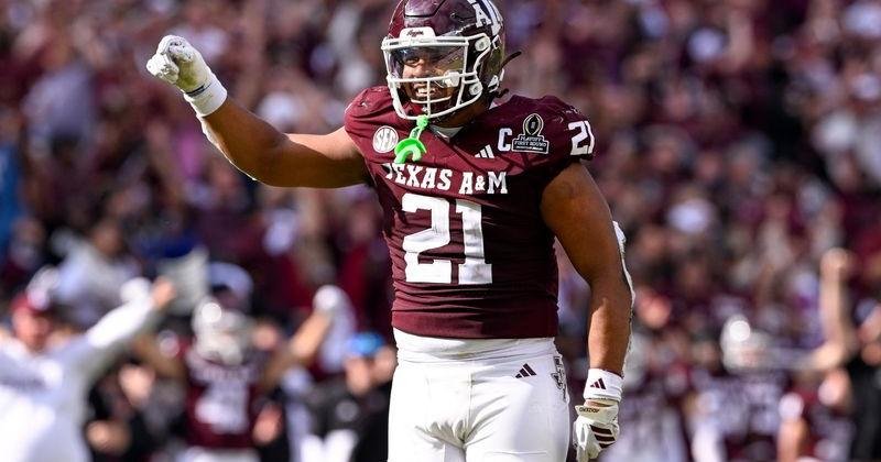 Dec 20, 2025; College Station, TX, USA; Texas A&M Aggies linebacker Taurean York (21) celebrates during the game between the Aggies and the Hurricanes at Kyle Field. Mandatory Credit: Jerome Miron-Imagn Images | State