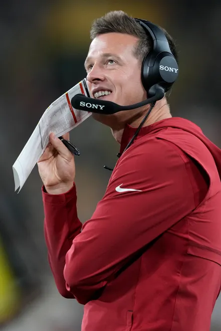 Aug 28, 2026; Green Bay, Wisconsin, USA;  Arizona Cardinals head coach Mike LaFleur looks on during the third quarter against the Green Bay Packers at Lambeau Field. Mandatory Credit: Jeff Hanisch-Imagn Images