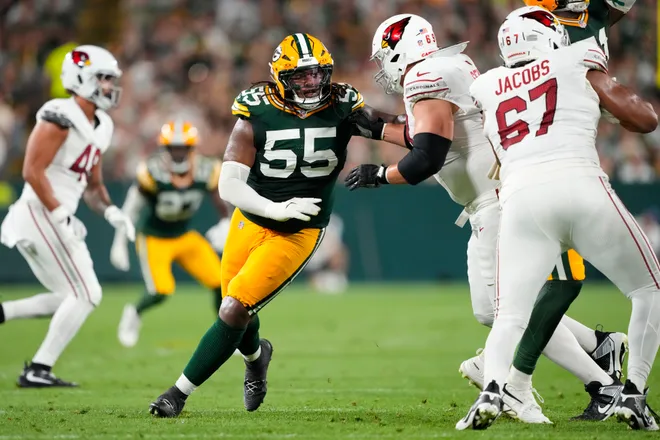 Aug 28, 2026; Green Bay, Wisconsin, USA;  Green Bay Packers defensive tackle Chris McClellan (55) rushes during the second quarter against the Arizona Cardinals at Lambeau Field. Mandatory Credit: Jeff Hanisch-Imagn Images