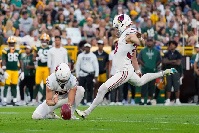 Aug 28, 2026; Green Bay, Wisconsin, USA;  Arizona Cardinals kicker Chad Ryland (38) kicks a field goal during the first quarter against the Green Bay Packers at Lambeau Field. Mandatory Credit: Jeff Hanisch-Imagn Images