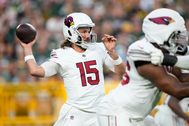 Aug 28, 2026; Green Bay, Wisconsin, USA;  Arizona Cardinals quarterback Gardner Minshew II (15) throws a pass during the first quarter against the Green Bay Packers at Lambeau Field. Mandatory Credit: Jeff Hanisch-Imagn Images