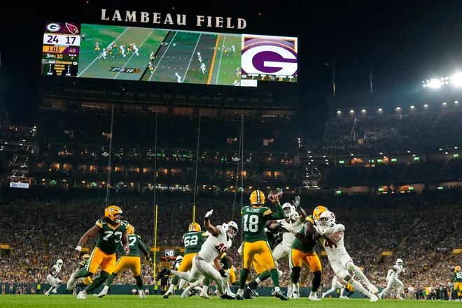Aug 28, 2026; Green Bay, Wisconsin, USA;  Green Bay Packers quarterback Kyle McCord (18) throws a pass during the second quarter against the Arizona Cardinals at Lambeau Field. Mandatory Credit: Jeff Hanisch-Imagn Images