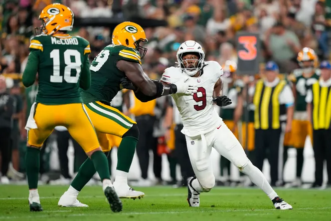 Aug 28, 2026; Green Bay, Wisconsin, USA;  Arizona Cardinals wide receiver Ihmir Smith-Marsette (9) rushes the passer during the second quarter against the Green Bay Packers at Lambeau Field. Mandatory Credit: Jeff Hanisch-Imagn Images