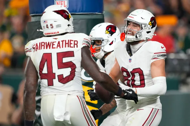 Aug 28, 2026; Green Bay, Wisconsin, USA;  Arizona Cardinals wide receiver Simi Fehoko (80) celebrates with tight end Rivaldo Fairweather (45) after scoring a touchdown during the fourth quarter against the Green Bay Packers at Lambeau Field. Mandatory Credit: Jeff Hanisch-Imagn Images