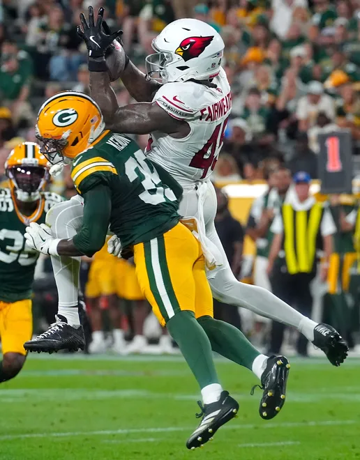 Green Bay Packers safety Murvin Kenion III (39) against the Arizona Cardinals tight end Rivaldo Fairweather (45) during their preseason football game Friday, Aug. 28, 2026, at Lambeau Field in Green Bay, Wisconsin.
Wm. Glasheen/Appleton Post-Crescent