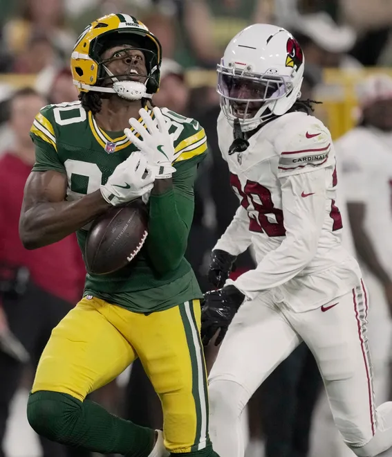 Green Bay Packers wide receiver Isaiah Neyor (80) what would have been a long reception during the third quarter of their preseason game against the Arizona Cardinals Friday, August 28, 2026 at Lambeau Field in Green Bay, Wisconsin.