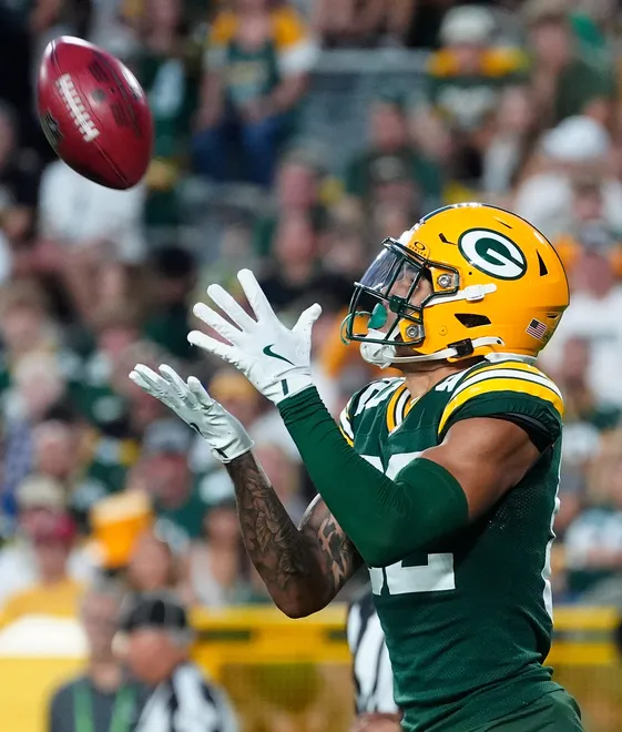 Green Bay Packers wide receiver Will Sheppard (82) fields a punt against the Arizona Cardinals during their preseason football game Friday, Aug. 28, 2026, at Lambeau Field in Green Bay, Wisconsin.
Wm. Glasheen/Appleton Post-Crescent