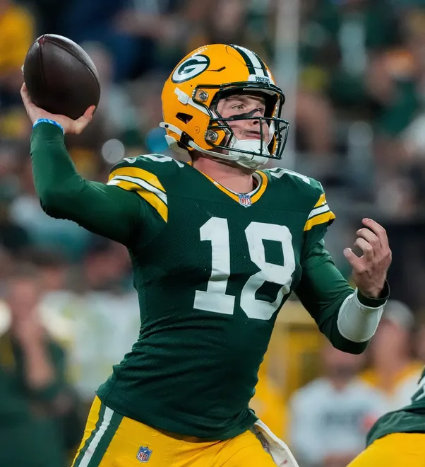 Green Bay Packers quarterback Kyle McCord (18) passes the ball against the Arizona Cardinals during their preseason football game on Friday, Aug. 28, 2026, at Lambeau Field in Green Bay, Wisconsin. The Packers won the game, 42-38.
Tork Mason/Green Bay Press-Gazette