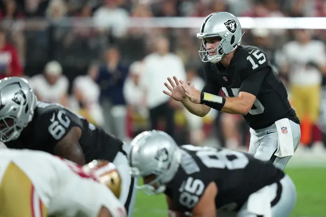 Aug 27, 2026; Paradise, Nevada, USA; Las Vegas Raiders quarterback Fernando Mendoza (15) calls the snap count in shotgun formation against the San Francisco 49ers defense during the third quarter against the San Francisco 49ers at Allegiant Stadium. Mandatory Credit: Kirby Lee-Imagn Images