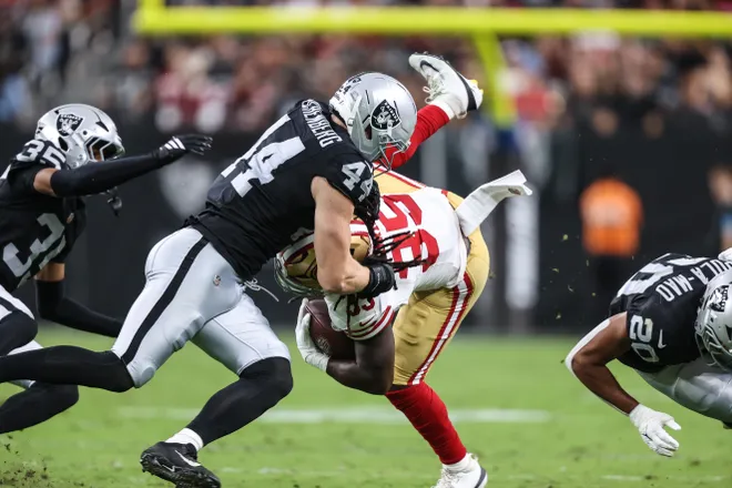 Aug 27, 2026; Paradise, Nevada, USA; Las Vegas Raiders linebacker Tommy Eichenberg (44) tackles San Francisco 49ers running back Sincere McCormick (35) during the first half at Allegiant Stadium. Mandatory Credit: Christopher Trim-Imagn Images