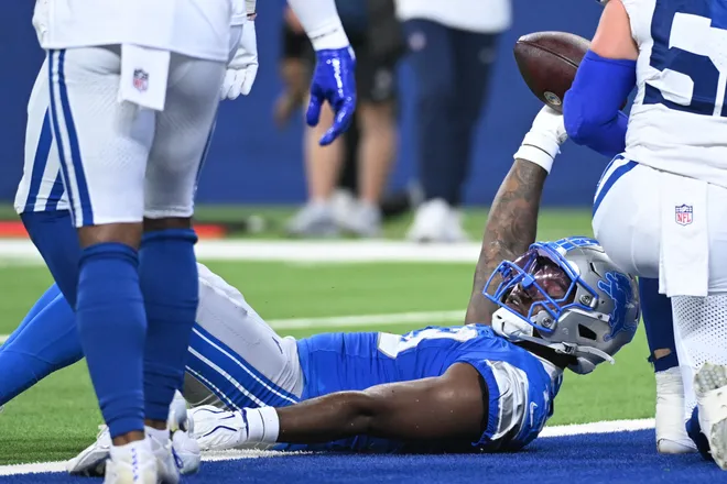 Aug 29, 2026; Indianapolis, Indiana, USA;  Detroit Lions tight end Jackson Meeks (13) reacts after scoring a touchdown against the Indianapolis Colts during the first half at Lucas Oil Stadium.  Mandatory Credit: Robert Goddin-Imagn Images