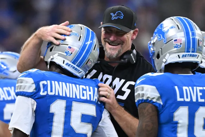Aug 29, 2026; Indianapolis, Indiana, USA;  Detroit Lions head coach Dan Campbell greets wide receiver Malik Cunningham (15) after a play against the Indianapolis Colts during the second half at Lucas Oil Stadium.  Mandatory Credit: Robert Goddin-Imagn Images
