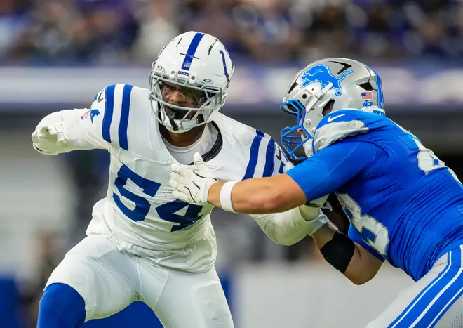 Indianapolis Colts defensive end Mitchell Melton (54) rushes up the field Saturday, Aug. 29, 2026, during the game against the Detroit Lions at Lucas Oil Stadium in Indianapolis. The Detroit Lions defeated the Indianapolis Colts, 25-16.