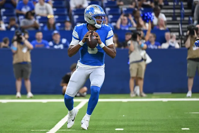 Aug 29, 2026; Indianapolis, Indiana, USA;  Detroit Lions quarterback Joshua Dobbs (6) looks to pass against the Indianapolis Colts during the first half at Lucas Oil Stadium.  Mandatory Credit: Robert Goddin-Imagn Images