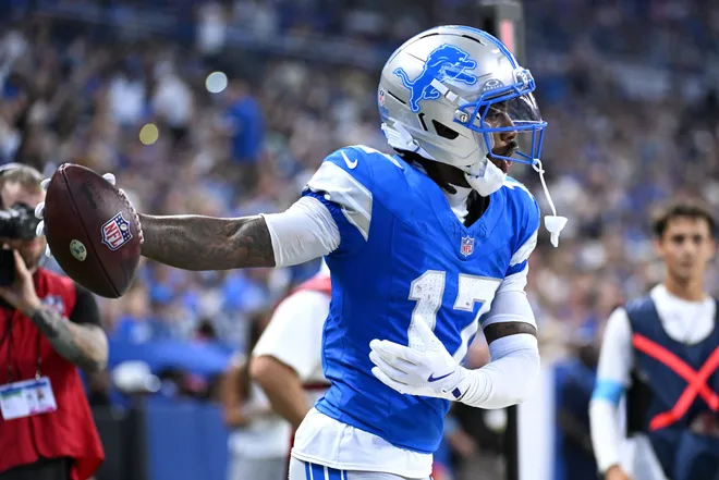 Aug 29, 2026; Indianapolis, Indiana, USA;  Detroit Lions wide receiver Lucky Jackson (11) reacts after a catch against the Indianapolis Colts during the first half at Lucas Oil Stadium.  Mandatory Credit: Robert Goddin-Imagn Images