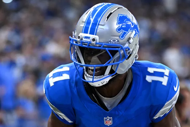 Aug 29, 2026; Indianapolis, Indiana, USA;  Detroit Lions wide receiver Lucky Jackson (11) reacts after a catch against the Indianapolis Colts during the first half at Lucas Oil Stadium.  Mandatory Credit: Robert Goddin-Imagn Images