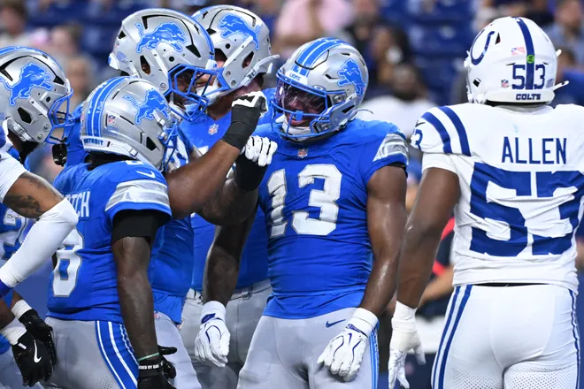 Aug 29, 2026; Indianapolis, Indiana, USA;  Detroit Lions tight end Jackson Meeks (13) celebrates with teammates after a play against the Indianapolis Colts during the first half at Lucas Oil Stadium.  Mandatory Credit: Robert Goddin-Imagn Images