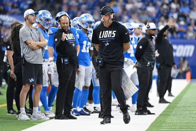 Aug 29, 2026; Indianapolis, Indiana, USA;  Detroit Lions head coach Dan Campbell looks on from the sideline during the first half against the Indianapolis Colts at Lucas Oil Stadium.  Mandatory Credit: Robert Goddin-Imagn Images