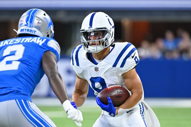 Aug 29, 2026; Indianapolis, Indiana, USA;  Indianapolis Colts wide receiver Raylen Sharpe (8) runs with the ball against the Detroit Lions during the first half at Lucas Oil Stadium.  Mandatory Credit: Robert Goddin-Imagn Images