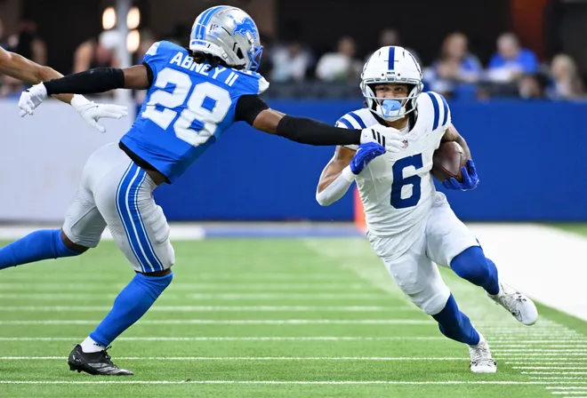 Aug 29, 2026; Indianapolis, Indiana, USA;  Indianapolis Colts wide receiver Anthony Gould (6) runs with the ball against Detroit Lions cornerback Keith Abney II (28) during the first half at Lucas Oil Stadium.  Mandatory Credit: Robert Goddin-Imagn Images