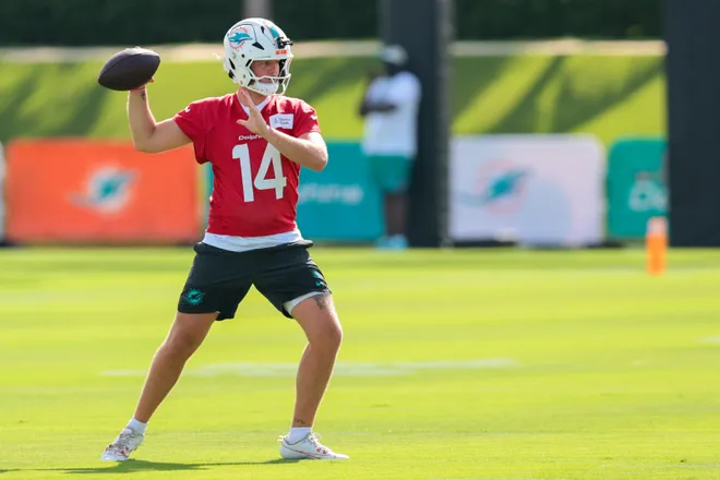 Jul 29, 2026; Miami Gardens, FL, USA; Miami Dolphins quarterback Quinn Ewers (14) works during practice at Baptist Health Training Complex. Mandatory Credit: Sam Navarro-Imagn Images
