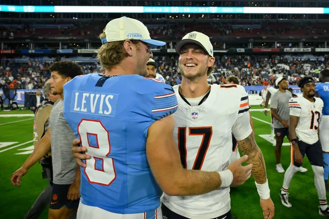 Aug 29, 2026; Nashville, Tennessee, USA;  Chicago Bears quarterback Tyson Bagent (17) greets Tennessee Titans quarterback Will Levis (8) after the game at Nissan Stadium.  Mandatory Credit: Steve Roberts-Imagn Images