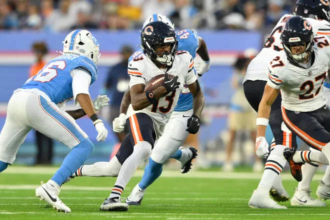 Aug 29, 2026; Nashville, Tennessee, USA;  Chicago Bears wide receiver Maurice Alexander (13) runs against the Tennessee Titans during the third quarter at Nissan Stadium.  Mandatory Credit: Steve Roberts-Imagn Images