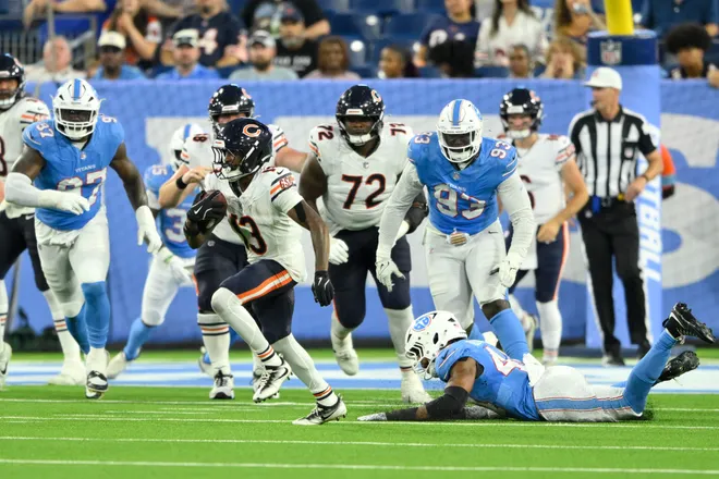 Aug 29, 2026; Nashville, Tennessee, USA;  Chicago Bears wide receiver Maurice Alexander (13) runs against the Tennessee Titans during the second half at Nissan Stadium.  Mandatory Credit: Steve Roberts-Imagn Images