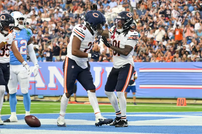 Aug 29, 2026; Nashville, Tennessee, USA;  Chicago Bears running back Roschon Johnson (23) celebrates with wide receiver Zavion Thomas (81) after scoring a touchdown against the Tennessee Titans during the third quarter at Nissan Stadium.  Mandatory Credit: Steve Roberts-Imagn Images