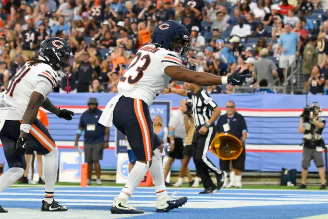 Aug 29, 2026; Nashville, Tennessee, USA;  Chicago Bears running back Roschon Johnson (23) celebrates after scoring a touchdown against the Tennessee Titans during the third quarter at Nissan Stadium.  Mandatory Credit: Steve Roberts-Imagn Images