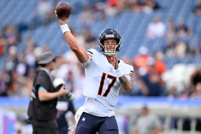 Aug 29, 2026; Nashville, Tennessee, USA;  Chicago Bears quarterback Tyson Bagent (17) warms up before the game against the Tennessee Titans at Nissan Stadium.  Mandatory Credit: Steve Roberts-Imagn Images