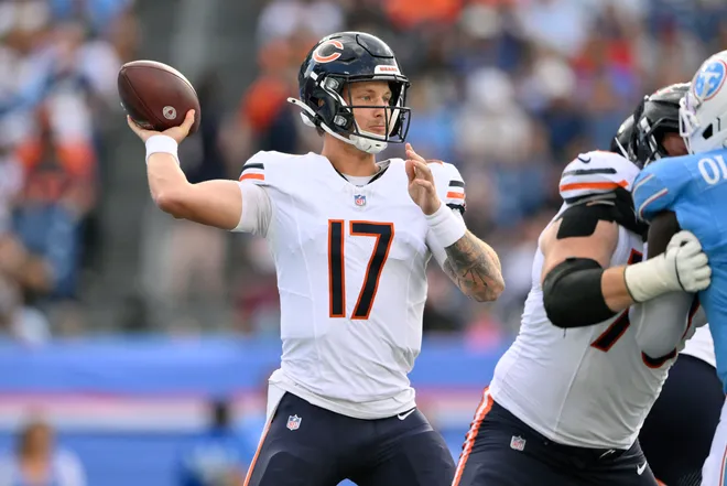 Aug 29, 2026; Nashville, Tennessee, USA;  Chicago Bears quarterback Tyson Bagent (17) throws a pass against the Tennessee Titans during the first quarter at Nissan Stadium.  Mandatory Credit: Steve Roberts-Imagn Images