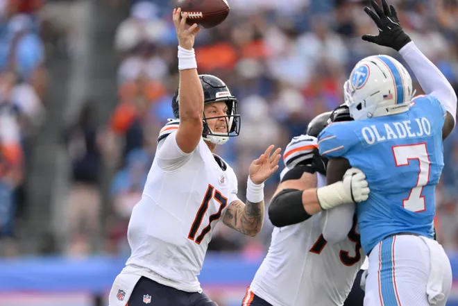 Aug 29, 2026; Nashville, Tennessee, USA;  Chicago Bears quarterback Tyson Bagent (17) throws a pass against the Tennessee Titans during the first quarter at Nissan Stadium.  Mandatory Credit: Steve Roberts-Imagn Images