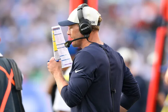 Aug 29, 2026; Nashville, Tennessee, USA;  Chicago Bears head coach Ben Johnson in the second quarter against the Tennessee Titans at Nissan Stadium.  Mandatory Credit: Steve Roberts-Imagn Images