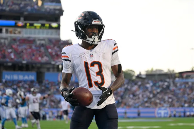 Aug 29, 2026; Nashville, Tennessee, USA;  Chicago Bears wide receiver Maurice Alexander (13) reacts after scoring a touchdown against the Tennessee Titans during the second quarter at Nissan Stadium.  Mandatory Credit: Steve Roberts-Imagn Images