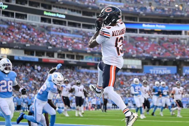 Aug 29, 2026; Nashville, Tennessee, USA;  Chicago Bears wide receiver Maurice Alexander (13) makes a catch to score a touchdown against the Tennessee Titans during the second quarter at Nissan Stadium.  Mandatory Credit: Steve Roberts-Imagn Images
