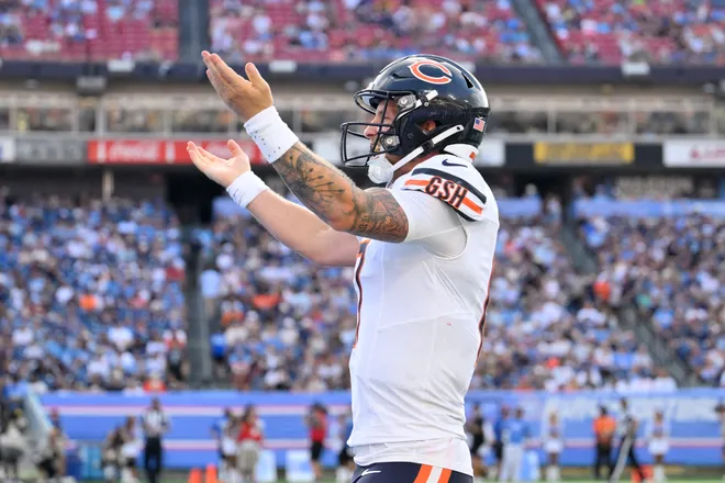 Aug 29, 2026; Nashville, Tennessee, USA;  Chicago Bears quarterback Tyson Bagent (17) reacts in the second quarter against the Tennessee Titans at Nissan Stadium.  Mandatory Credit: Steve Roberts-Imagn Images