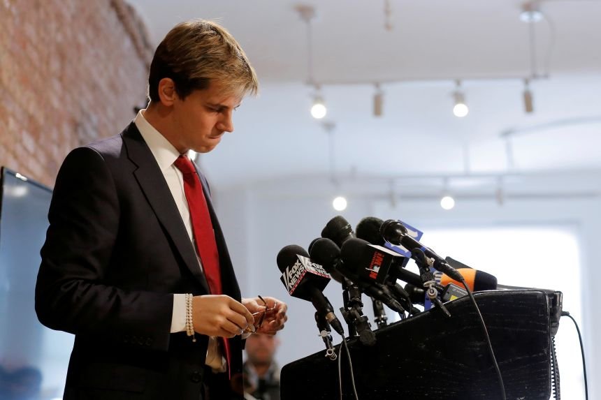 Milo Yiannopoulos addresses the media during a news conference in New York, on February 21, 2017.
