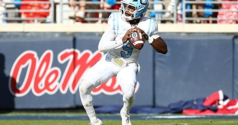 Nov 8, 2025; Oxford, Mississippi, USA; The Citadel Bulldogs quarterback Cobey Thompkins (9) passes the ball during the third quarter against the Mississippi Rebels at Vaught-Hemingway Stadium. Mandatory Credit: Petre Thomas-Imagn Images | State