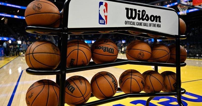 Dec 23, 2024; San Francisco, California, USA; The NBA and Wilson logos are seen on a basketball cart during warm ups before the Golden State Warriors play the Indiana Pacers at Chase Center. Mandatory Credit: Eakin Howard-Imagn Images | National