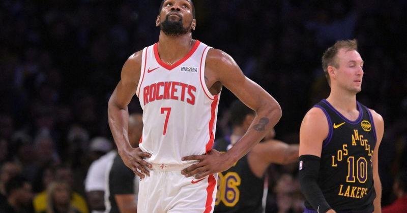 Apr 21, 2026; Los Angeles, California, USA; Houston Rockets forward Kevin Durant (7) looks on from the court in the second half of game two of the first round of the 2026 NBA Playoffs against the Los Angeles Lakers at Crypto.com Arena. Mandatory Credit: Jayne Kamin-Oncea-Imagn Images | State