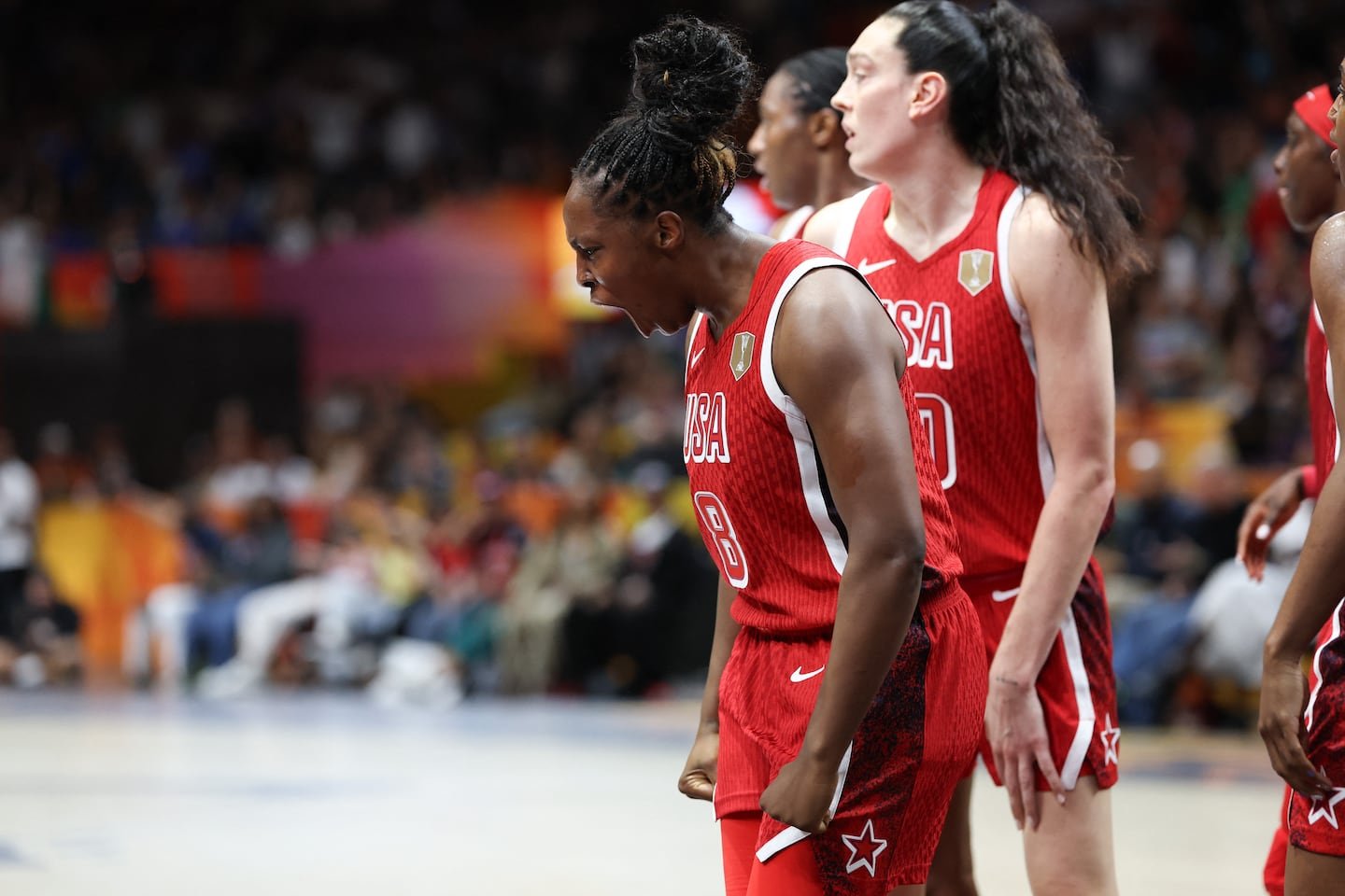 Chelsea Gray was fired up as Team USA survives a tough test against Italy in the FIBA World Cup clash Sunday in Berlin.
