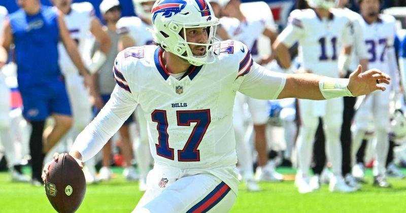 Aug 15, 2026; Orchard Park, New York, USA; Buffalo Bills quarterback Josh Allen (17) moves out of the pocket against the Carolina Panthers in the first quarter at the New Highmark Stadium. Mandatory Credit: Mark Konezny-Imagn Images | State