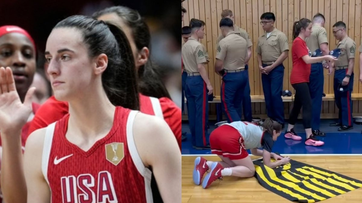 Caitlin Clark shares moment with Marine during Team USA practice